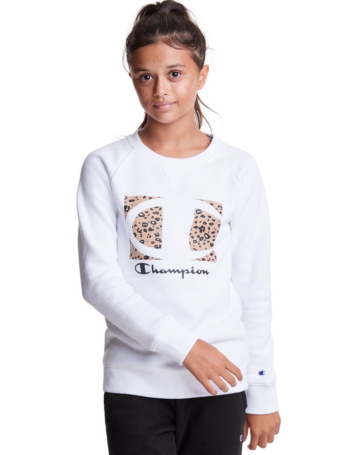 Champion Fleece Raglan Crew Leopard Knockout Logo Hoodie Meisjes - Wit - Belgie 1578SJYPM